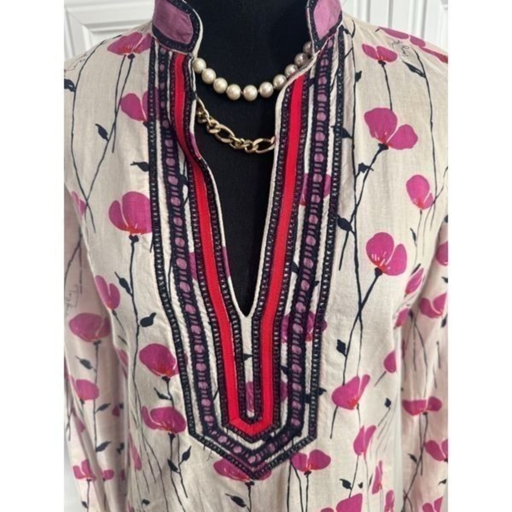 Tory Burch Pink Floral Print Cotton Tunic Top Long Sleeve Blouse - Picture 3 of 11
